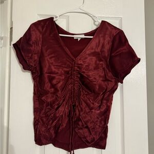 Elegant Burgundy Satin Ruched Blouse